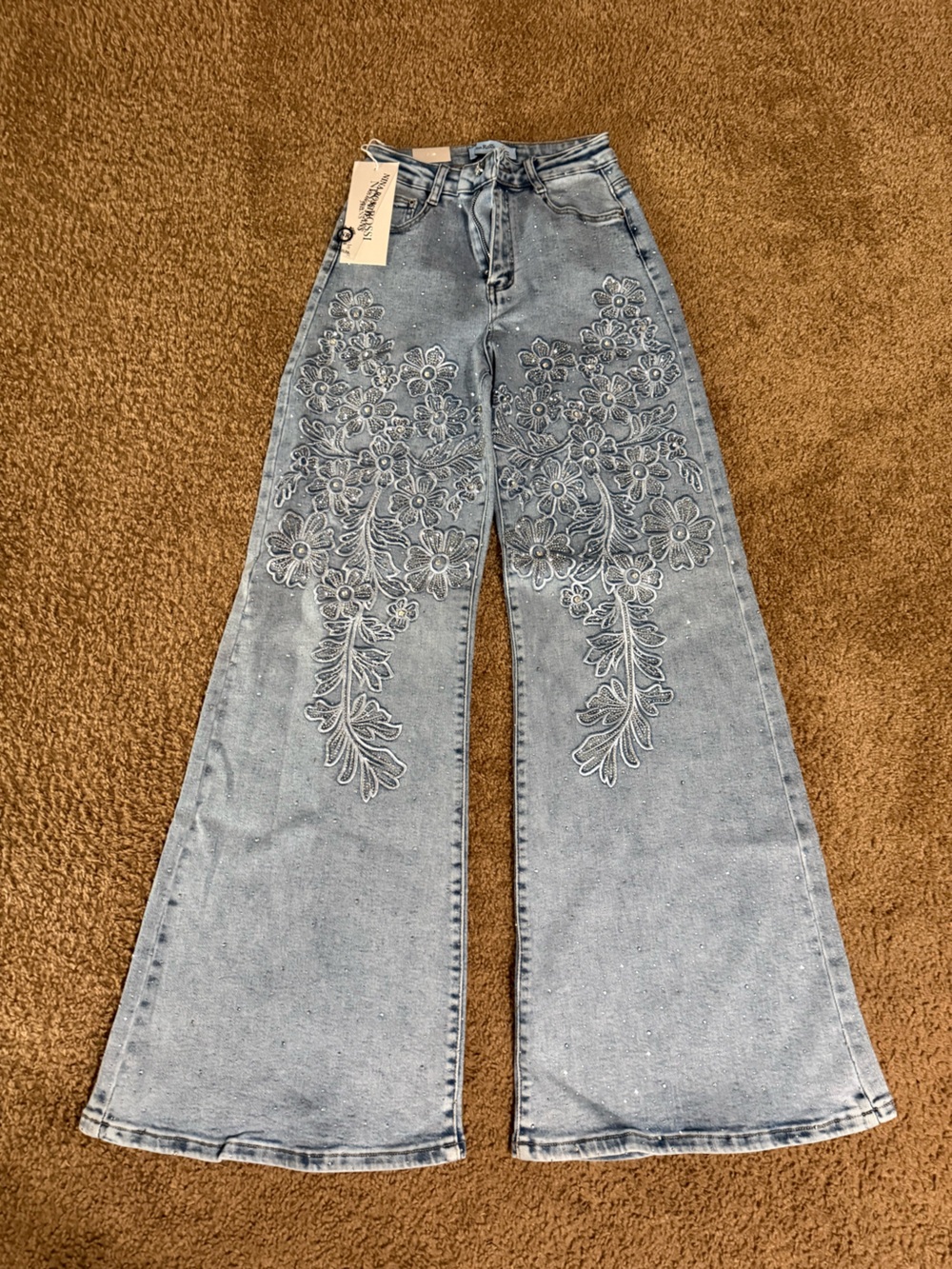 Rina Rossi Light Wash Blue Floral Embroidered Wide-Leg Jeans